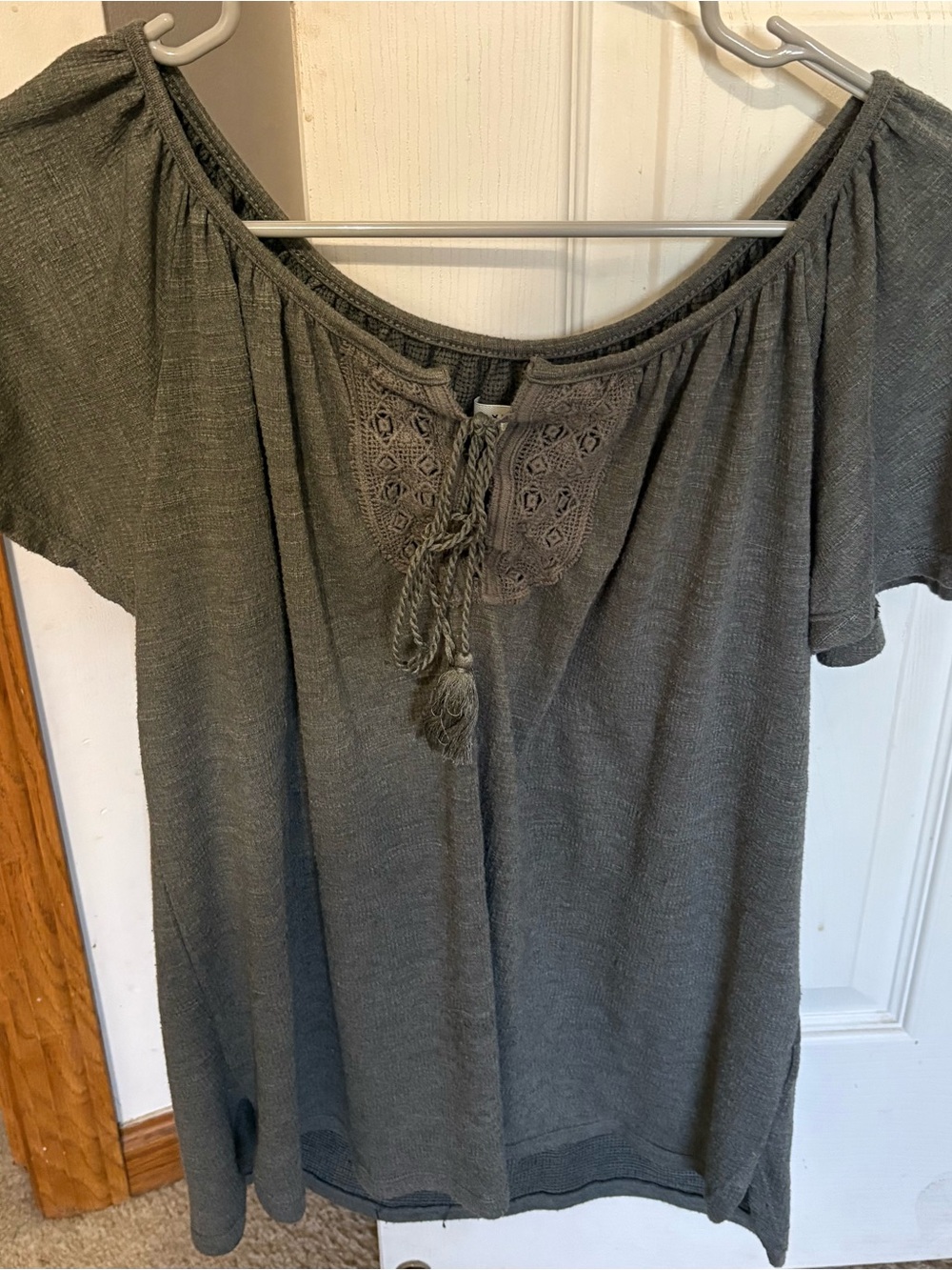 Max Studio Olive Green Peasant Tassel Blouse